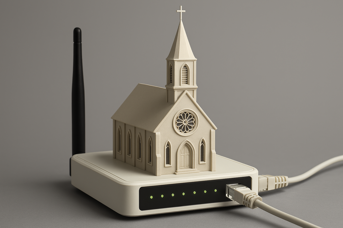 „Glaubenssignal mit vollem Empfang?“ Ein Router im Kirchengewand – warum nicht auf jeder Turmspitze ein WLAN-Sender? Verbindung schafft Gemeinschaft. Auch digital.