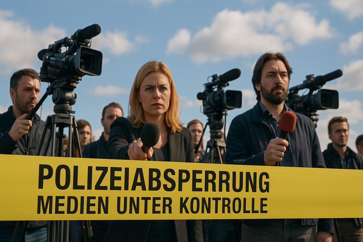 Journalisten hinter Polizeiabsperrband mit Aufschrift „Medien unter Kontrolle“, KI-generiertes Bild