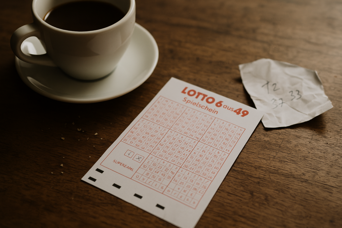 Ein zerknitterter deutscher Lottoschein liegt auf einem Holztisch neben einer halb vollen Kaffeetasse. Krümel, Licht und Alltag – ein stilles Symbol für Hoffnung, Spieltrieb und die Frage, ob künstliche Intelligenz beim Lotto helfen kann.