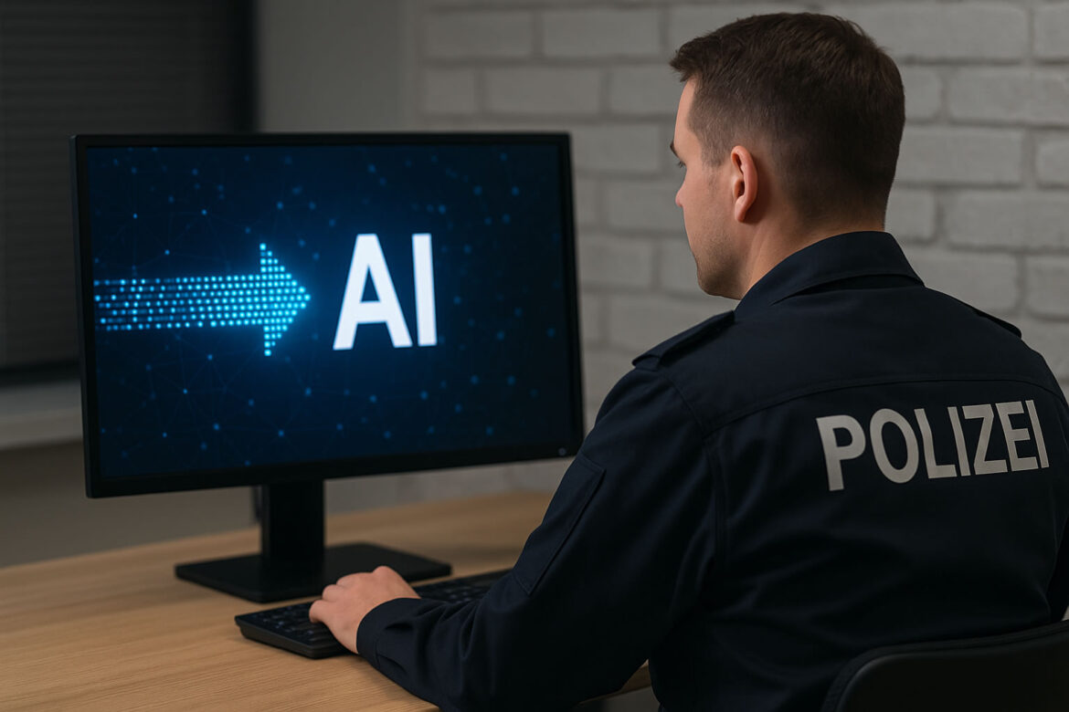 Polizeibeamter sitzt am Schreibtisch und betrachtet eine grafische Darstellung von künstlicher Intelligenz auf einem Computerbildschirm.
