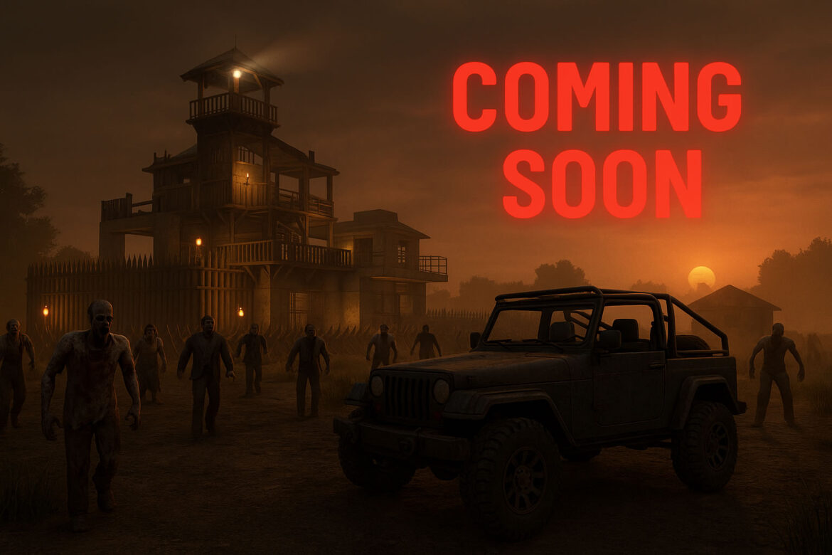 Zombies vor einer befestigten Basis mit Sonnenuntergang und „Coming Soon“-Schriftzug in rotem Leuchten.