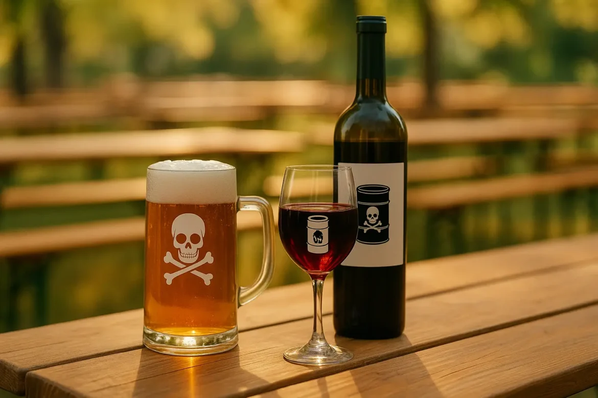 Ein Holz-Partytisch mit Bierglas (Totenkopf-Logo) und Weinflasche (Giftfass-Etikett) bei Sonnenlicht. Keine Menschen. Stimmung wie in Werbeszenen.