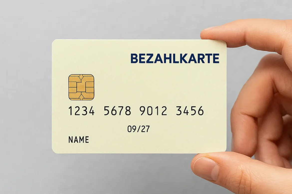 Eine Hand hält eine Bezahlkarte mit Chip und der Aufschrift „BEZAHLKARTE“ vor grauem Hintergrund.