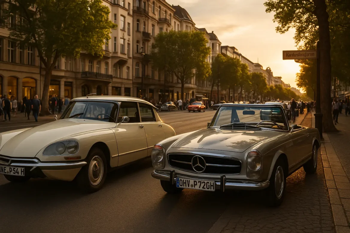 Zwei Oldtimer – ein Citroën DS und ein Mercedes-Benz SL – bei den Classic Days 2025 auf dem Berliner Kurfürstendamm im warmen Abendlicht.