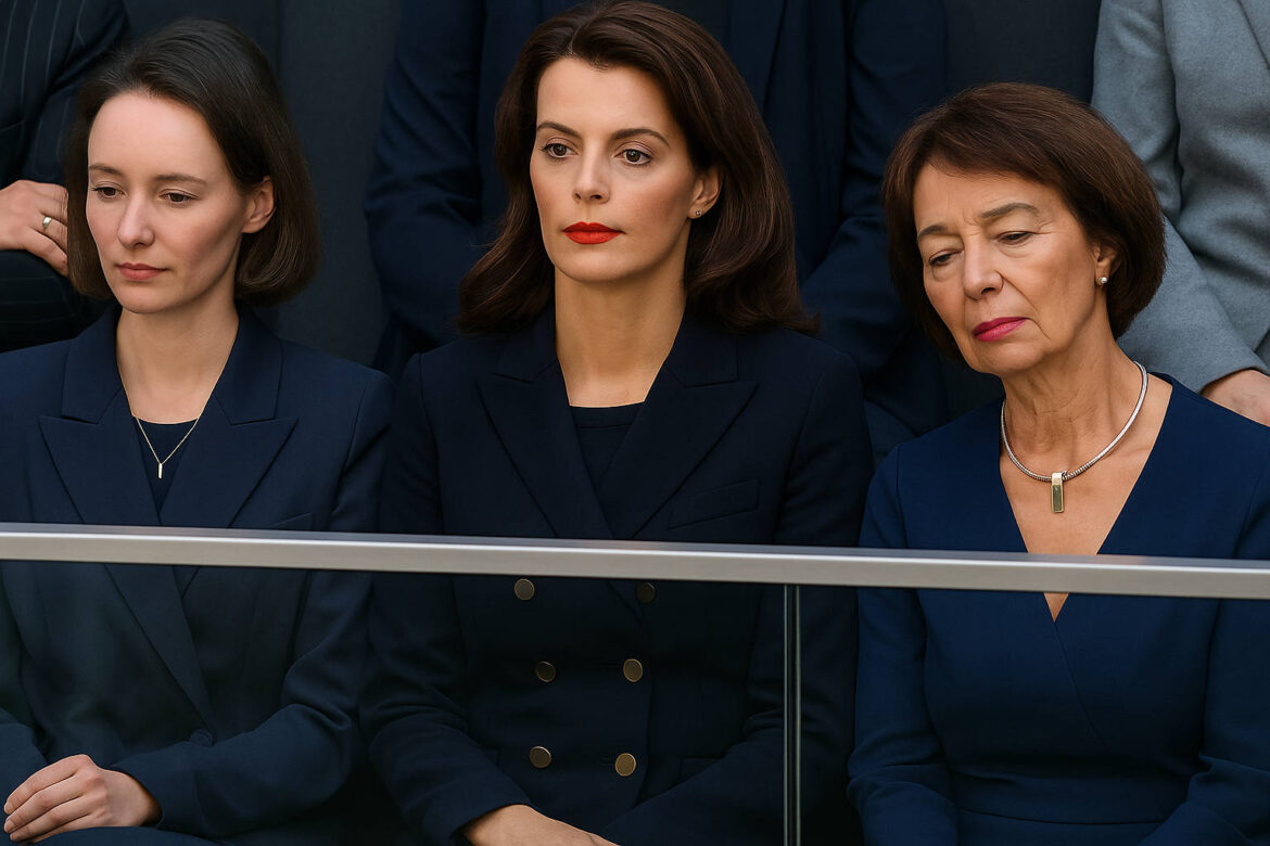 „Drei Frauen in dunkler Kleidung sitzen in der Besuchertribüne des Bundestags. Sie wirken ernst, fast erschüttert. Ihre Haltung deutet auf Anspannung und Enttäuschung hin.