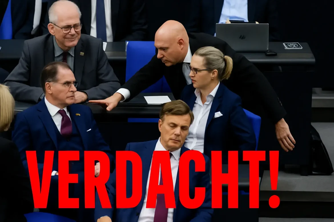 Abgeordnete der AfD-Fraktion im Deutschen Bundestag im Gespräch. Im Vordergrund sitzt ein Mann mit geschlossenen Augen in einem blauen Anzug, dahinter beugt sich ein kahlköpfiger Mann zu einer blonden Frau im Hosenanzug nach vorn. Links sitzt ein weiterer Mann im Anzug mit dunkler Krawatte. Alle wirken konzentriert oder angespannt. Unten im Bild prangt in großer roter Schrift das Wort „VERDACHT!“.