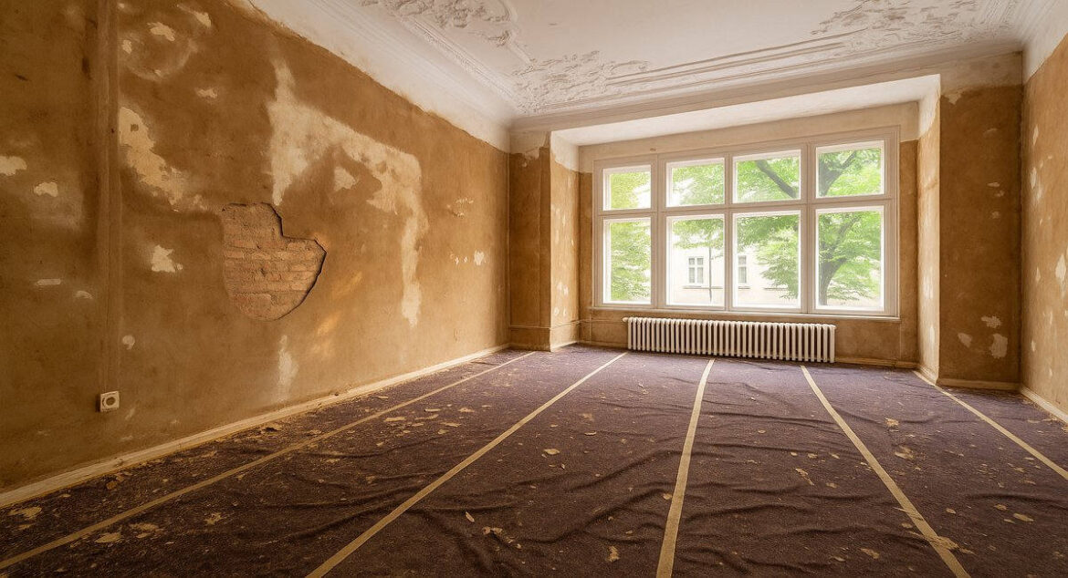 Renovierungsbedürftiger Altbau mit aufgerissener Wand, freigelegtem Ziegelmauerwerk und großem Fenster mit Blick auf grüne Bäume – erzeugt mit DALL·E.