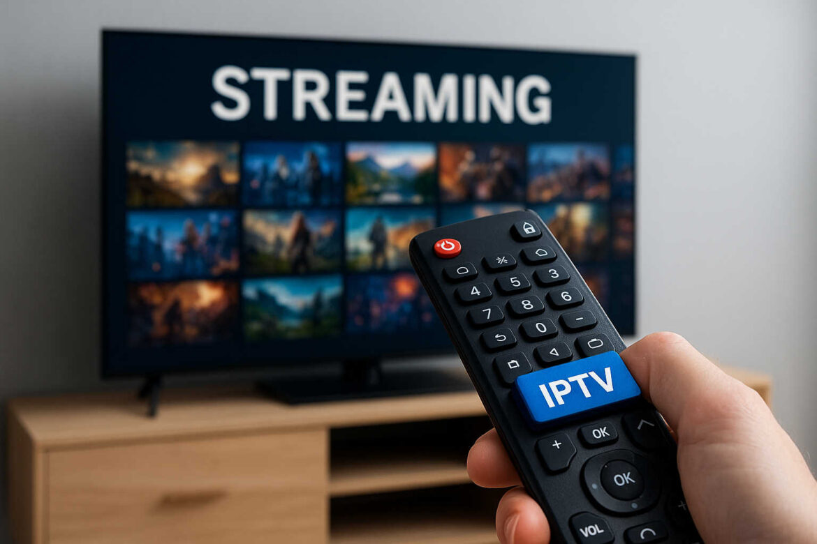 Hand mit Fernbedienung zeigt auf Smart-TV, IPTV-Knopf ersetzt übliche Streamingdienste