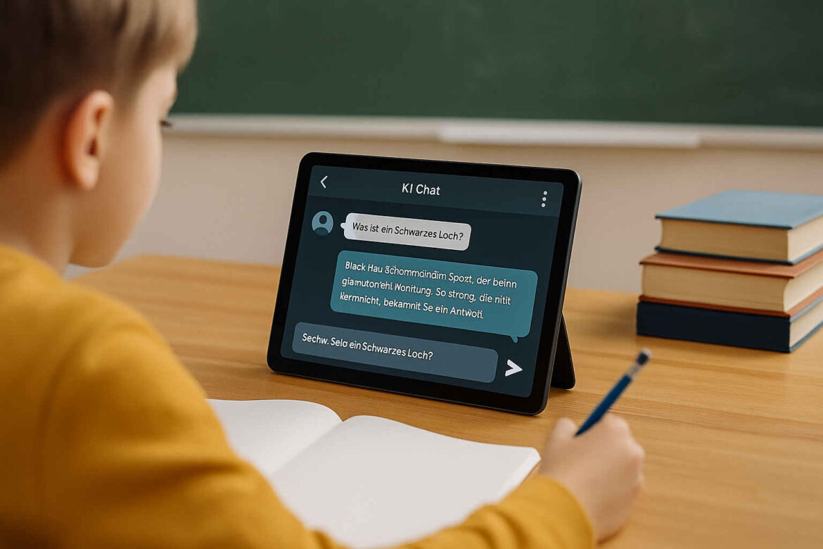 Ein Schulkind im Klassenzimmer nutzt ein Tablet mit KI-Chatfenster. Im Hintergrund Bücher und eine Tafel – die klassische Lernumgebung trifft digitale Intelligenz.