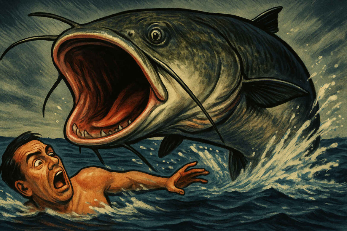 Übertrieben großes Wels-Monster springt aus dem Wasser und versucht, einen erschrockenen Schwimmer zu beißen, im Stil eines Boulevard-Gemäldes