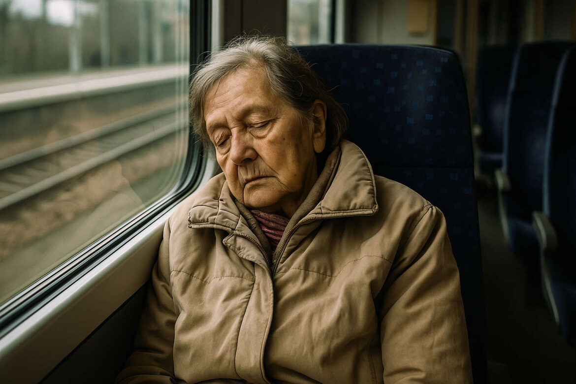 Eine ältere Frau schläft erschöpft in einem leeren Zugabteil – Symbol für die stille Wohnungslosigkeit in Deutschland.