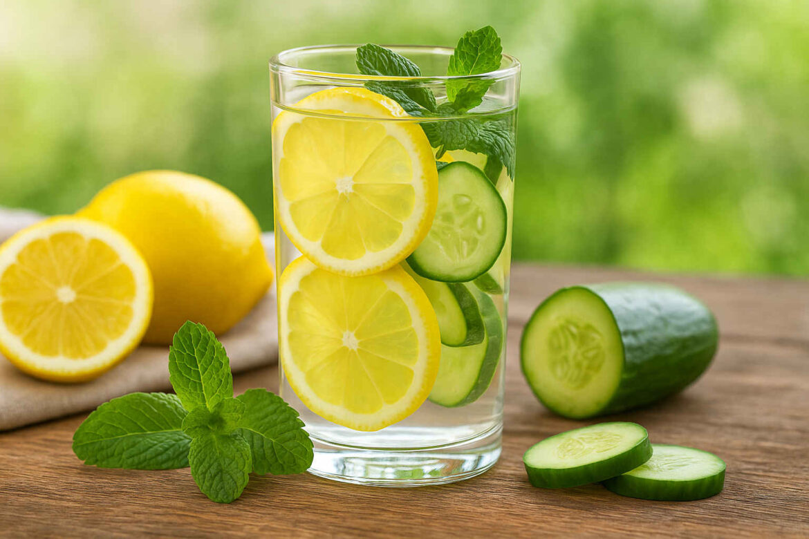 Erfrischendes Glas Wasser mit Zitronenscheiben, Gurkenscheiben und frischer Minze auf einem Holztisch, sommerlich dekoriert.