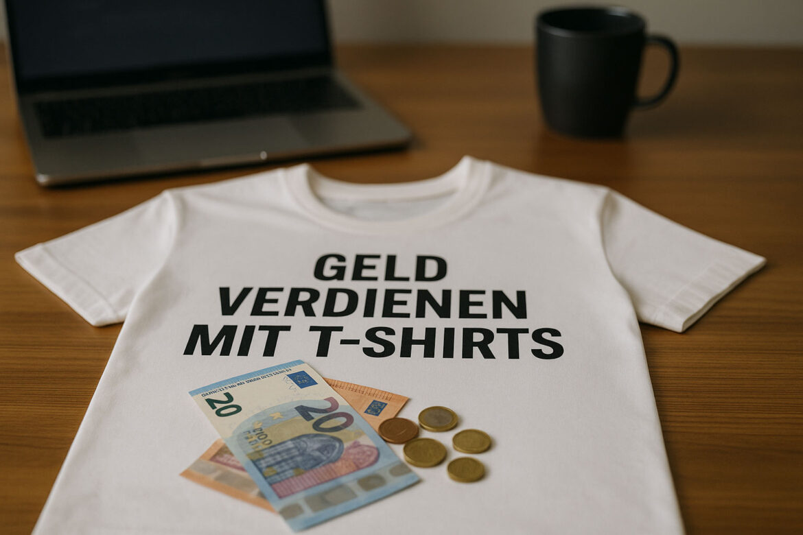 T-Shirt mit der Aufschrift „Geld verdienen mit T-Shirts“ liegt auf einem Schreibtisch, daneben Euro-Scheine und Münzen, im Hintergrund unscharf ein Laptop