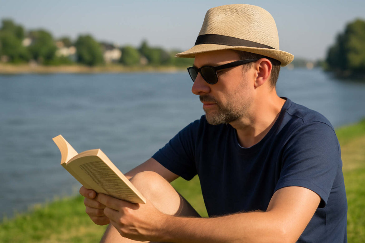 Ein Mann mit Sonnenhut und Sonnenbrille sitzt am Rheinufer, die Knie angezogen, vertieft in ein Buch. Der Fluss verläuft unscharf im Hintergrund.