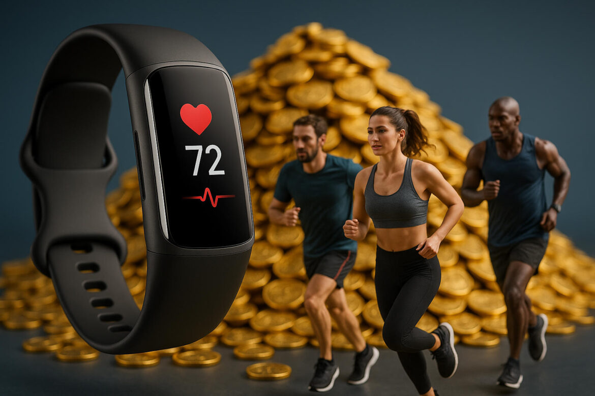 Fitnessarmband im Vordergrund, im Hintergrund drei Menschen, die um einen goldenen Münzberg laufen.