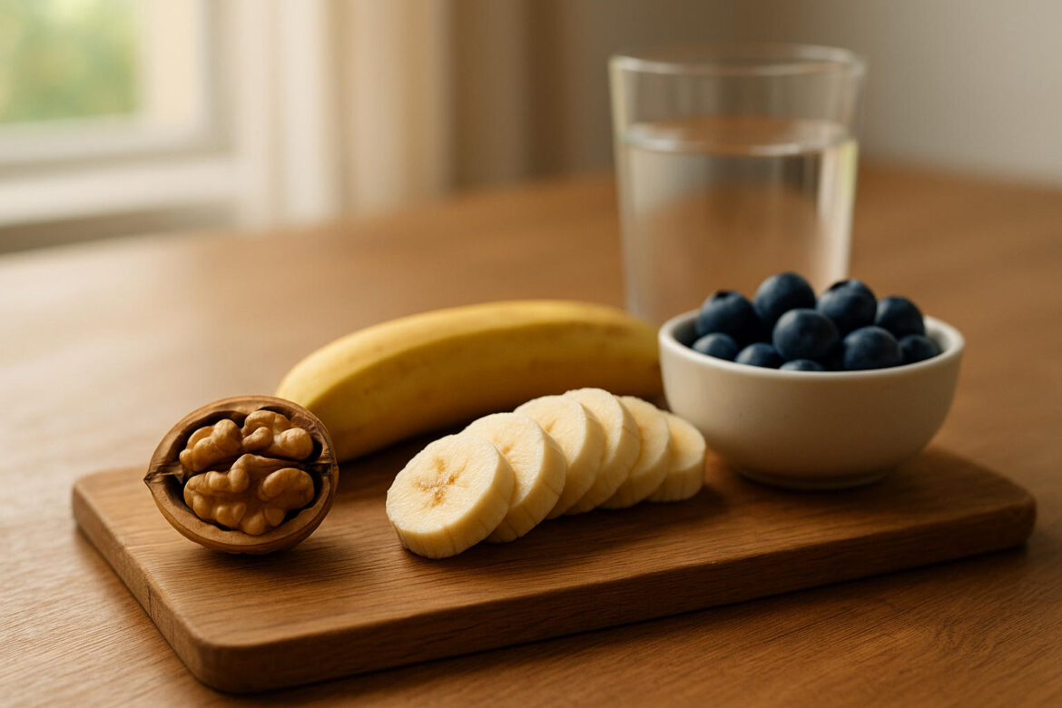 Halbierte Walnuss, Bananenscheiben und Schale mit Heidelbeeren auf Holzbrett – gesunde Frühstückszutaten im Morgenlicht.