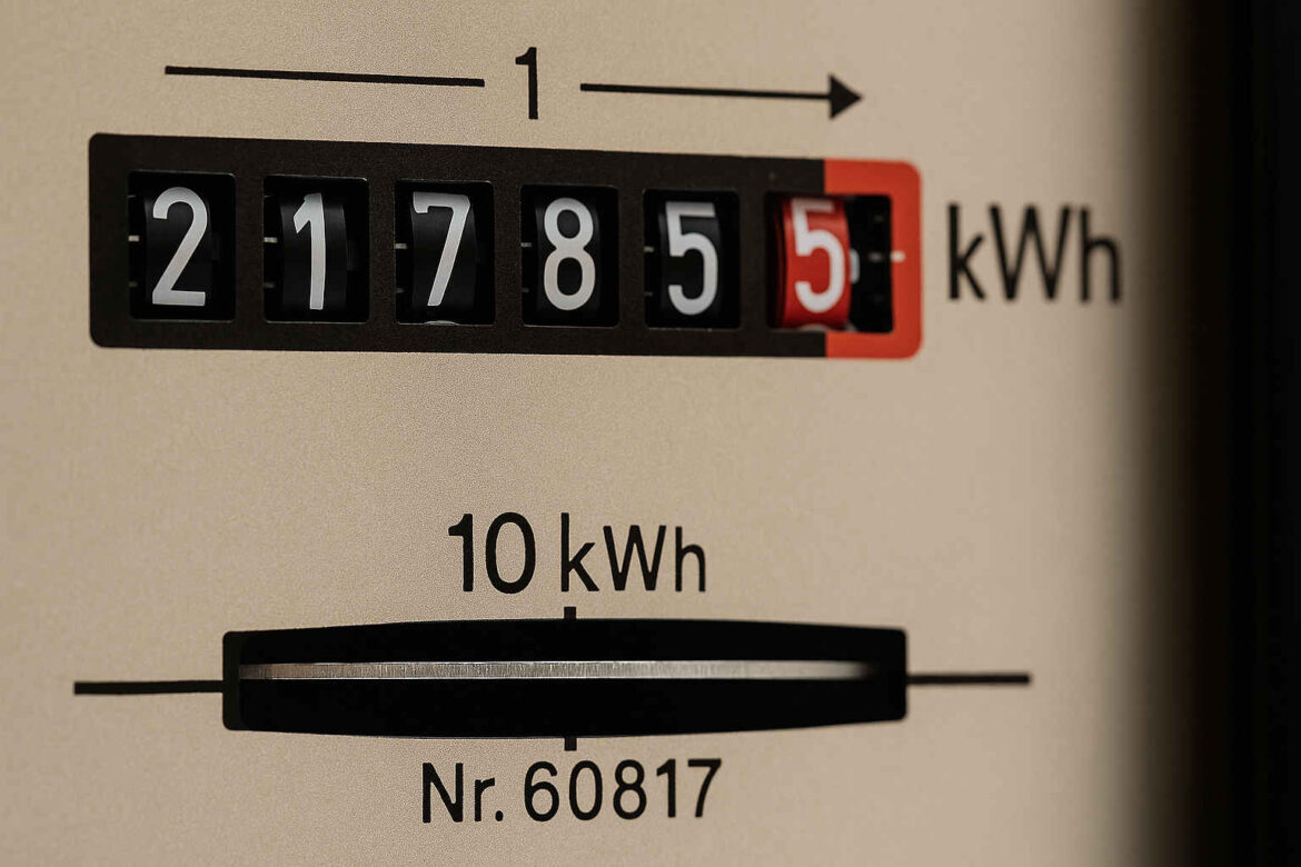 Nahaufnahme eines analogen Stromzählers mit mechanischen Ziffernrollen, die den aktuellen Stromverbrauch anzeigen.