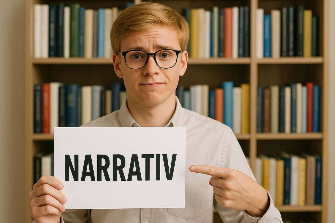 Junger Mann mit blonden Haaren und Brille zeigt ironisch auf ein Schild mit dem Wort „Narrativ“, vor einem Bücherregal.
