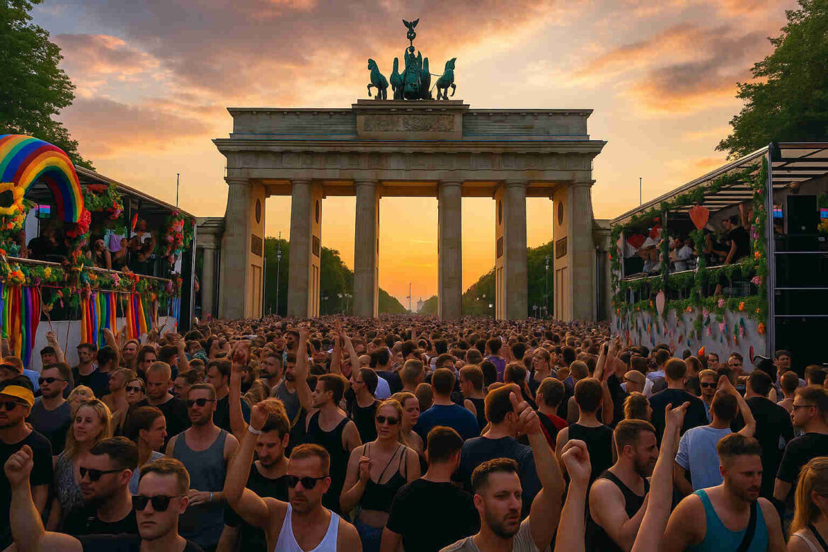 Symbolfoto: Menschenmenge bei einer Technoparty vor dem Brandenburger Tor mit geschmückten Musikwagen