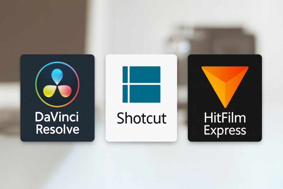 Drei kostenlose Videoschnittprogramme – DaVinci Resolve, Shotcut und HitFilm Express – auf einem Laptop mit Kamera