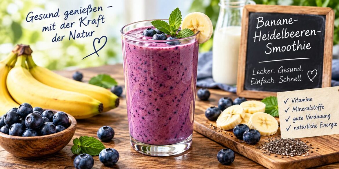 Banane-Heidelbeeren-Smoothie mit Heidelbeeren, Banane und Milch auf einem Holztisch