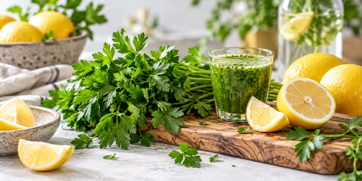 Glas mit grünem Petersilie-Zitronen-Shot, Zitrone und frische Petersilie