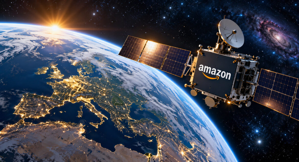 Satellit mit Amazon-Logo vor der Erde im Weltraum