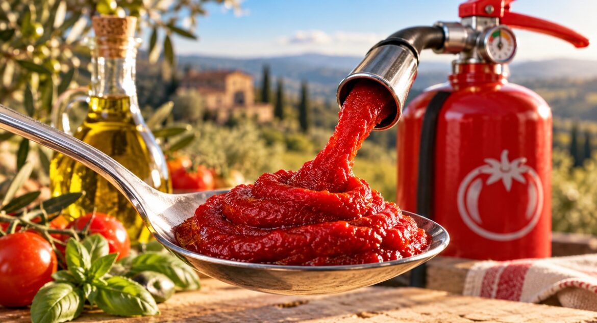 Tomatenmark wird aus einem roten Feuerlöscher auf einen Teelöffel gefüllt, daneben eine Flasche Olivenöl