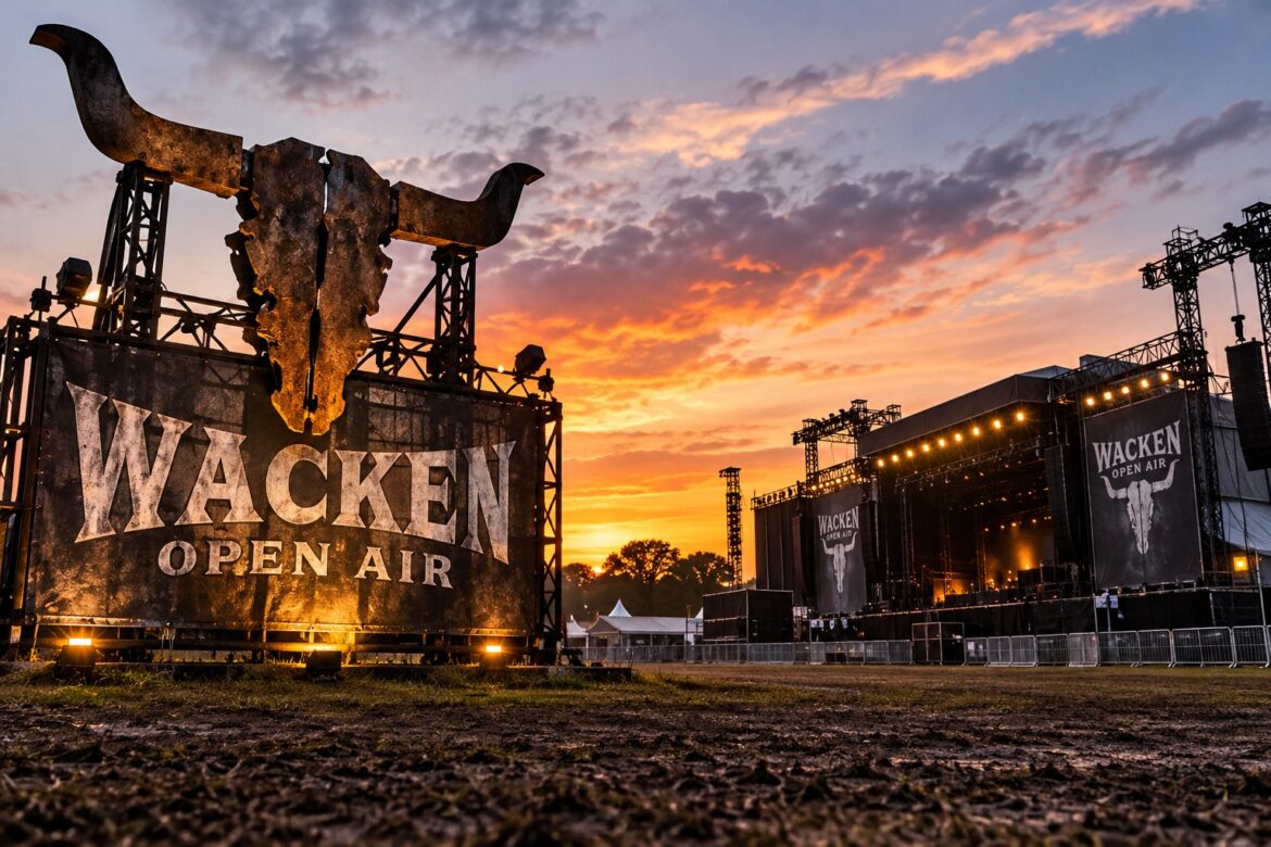KI-generierte Illustration des Wacken Open Air mit Festivalbühne und Abendhimmel