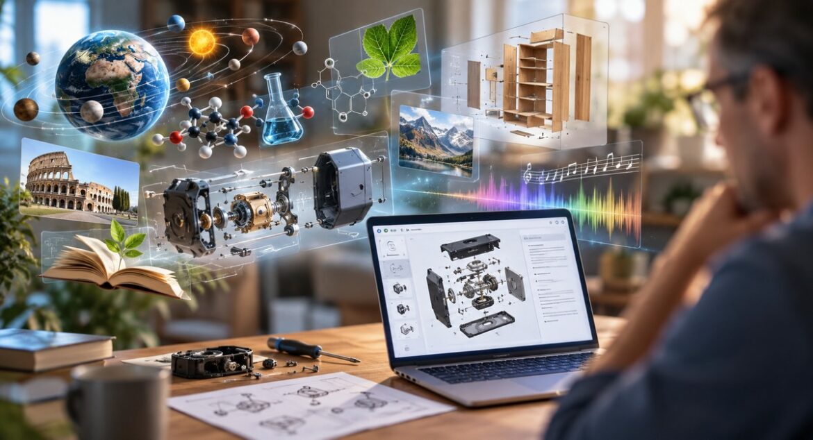 Neugieriger Mensch am Laptop mit visuellen Darstellungen von Technik und Wissen